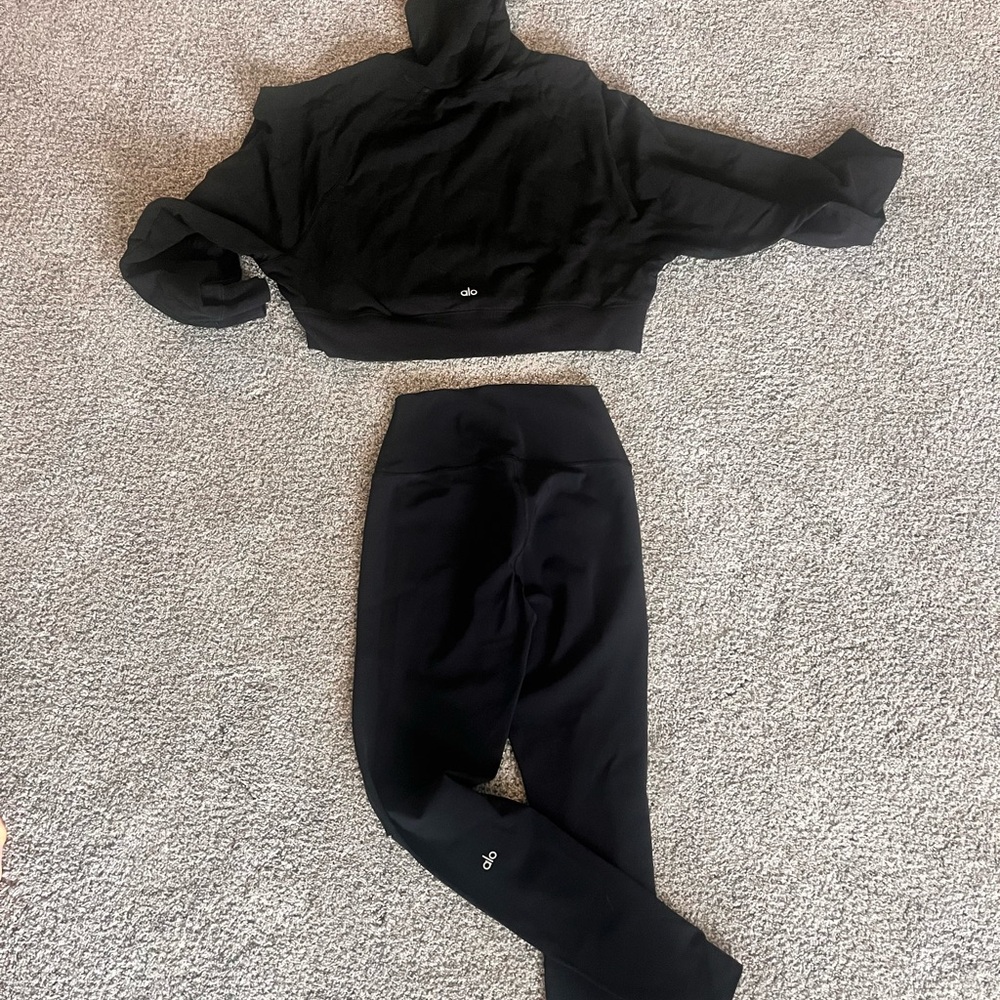 ALO Yoga Black Active Pullover Hoodie with White Logo